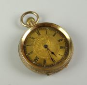 A 14K YELLOW GOLD ENGRAVED FOB WATCH with yellow dial bearing Roman numerals, 26gms total