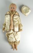 A VICTORIAN POURED WAX SAILOR BOY DOLL with blue glass eyes and blonde wig, shoulder plate and wax