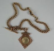 A 9CT ROSE GOLD WATCH CHAIN & PENDANT the links of graduated form, the award pendant for rifle-