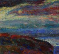 TRACY THOMPSON oil on board - colourful and dramatic coastal view under moonlight, 19 x 20cms