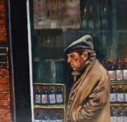 JOHN CHERRINGTON oil on board - figure in rain coat outside of liquor store, 30 x 32cms Provenance