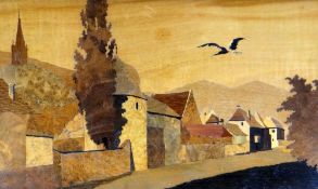 CHARLES SPINDLER (1865 - 1938) marquetry panel - French village scene with flying stork, entitled