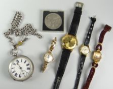 A SILVER POCKET WATCH & CHAIN & VARIOUS WATCHES etc in a vintage cash