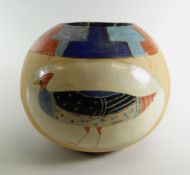 JILL FANSHAWE KATO stoneware globular vase with narrow neck, pastel coloured decoration to neck