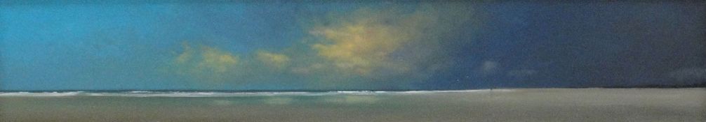 LAWRENCE COULSON oil on board - expansive beach with solitary distant figure and colourful far-off