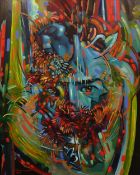 JOHN CHERRINGTON oil on board - colourful psychedelic portrait, signed and dated 1984, 84 x 68cms
