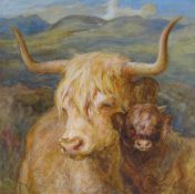 GOURLAY STEEL (1819 - 1894) watercolour - Highland cattle and calf, indistinctly signed bottom