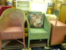 Two good Lloyd loom armchairs and a lidded linen box