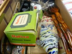 Box of mixed collectables including flatware, commemorative and other ephemera, binoculars, viewer