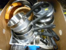 Box of stainless steel kitchen pans, flatware etc