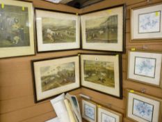 Four framed coloured engravings titled 'The Vale of Aylesbury Steeplechase', a Cries of London print