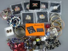 Mixed box of costume jewellery and badges etc