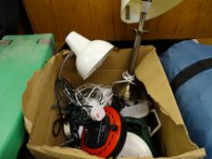Box of household electric items including anglepoise lamp, brass desk lamp, telephone, extension