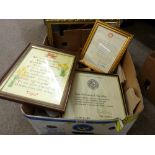 Box of framed paintings, tapestries etc