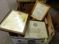 Box of framed paintings, tapestries etc