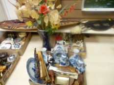 Three cardboard trays of mainly mixed porcelain, glass vase etc