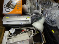 Box of small electrical household items including shredder, iron, toaster, desk fan etc E/T
