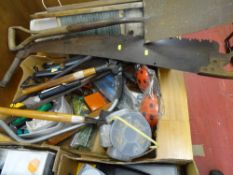 Box of miscellaneous garage items including vintage two handled saw
