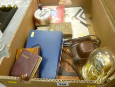 Box of assorted collectables including old Kodak camera, 45rpm records, dome clock etc