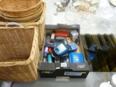 Box of office equipment, parcel of wicker baskets etc