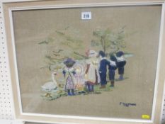J TWEE HARRIS embroidered picture - children feeding swans, dated 1980