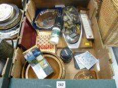 Box of mixed items including Nikon lens, chess set, treen bowls, metalware etc