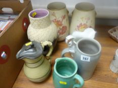 Pewter lidded Stourbridge jug, a pair of Royal Eton vases etc