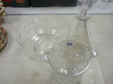 Good heavy glass ice bucket, decanter and stopper and bowl