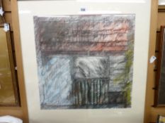 SARAH BETTS mixed media abstract - titled 'Thornford Shed', signed and dated '99
