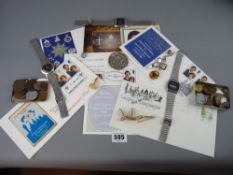 Small selection of first day covers, three gent's wristwatches, Oriental white metal roundel with