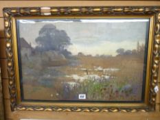 A F NEWTON watercolour - marshland scene with farmstead