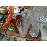 Tray of mixed glassware including cut glass vases, ruby glass tumblers, large glass bird etc