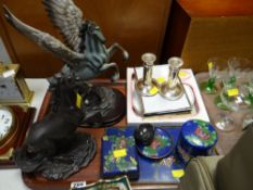 Two horse figures, cloisonne enamel decorated desk items etc