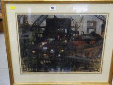 A watercolour by KEN LEECH of a shipyard colliery & industrial scene