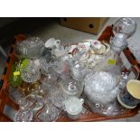 A crate of china & glassware, drinking glasses & a decanter