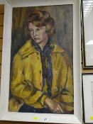 An oil on canvas of a lady in a yellow coat with a monogram A G