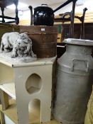 Milk churn, metal hat tin, saucepan & cast lion figure