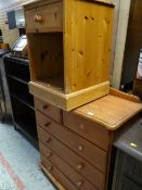 A pine chest of drawers together with a pine bedside cabinet