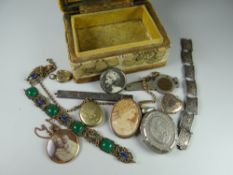 Small jewellery box containing a sterling silver bracelet, a white metal cameo brooch, various white