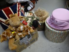 Two boxed ladies' hats together with some cushions & soft toys etc