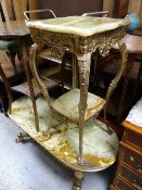 A gilt metal & onyx top two-tier table together with a similar coffee table