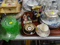 Tray of various glassware & china including Paragon cabinet cup & saucer, continental figures, early