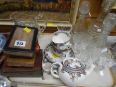 A part Staffordshire decorated teaset, decanters, jug & bookend