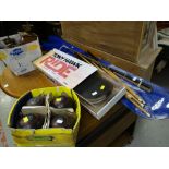 Parcel of sporting items including snow board, snooker cues, golf clubs, bowls etc