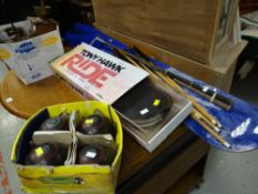 Parcel of sporting items including snow board, snooker cues, golf clubs, bowls etc