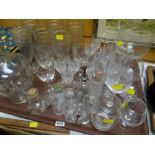 Tray of various glassware, drinking glasses, decanter etc
