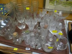 Tray of various glassware, drinking glasses, decanter etc