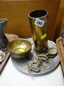 Small parcel of metalware including two decorated brass bowls, shell case, brass lizard spoons etc