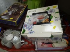 Mugs, glasses, a boxed glass punch bowl & set etc