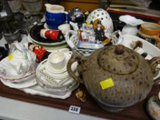 A tray of mixed china including a Royal Doulton Sandemans port, ashtray, collectors plates,